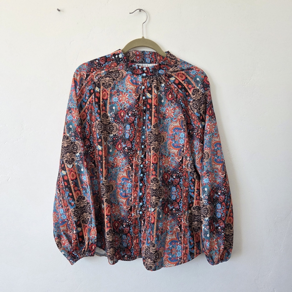 Paisley Multicolor Blouse Top Peasant High Neck Orange Blue Boho Mandala L